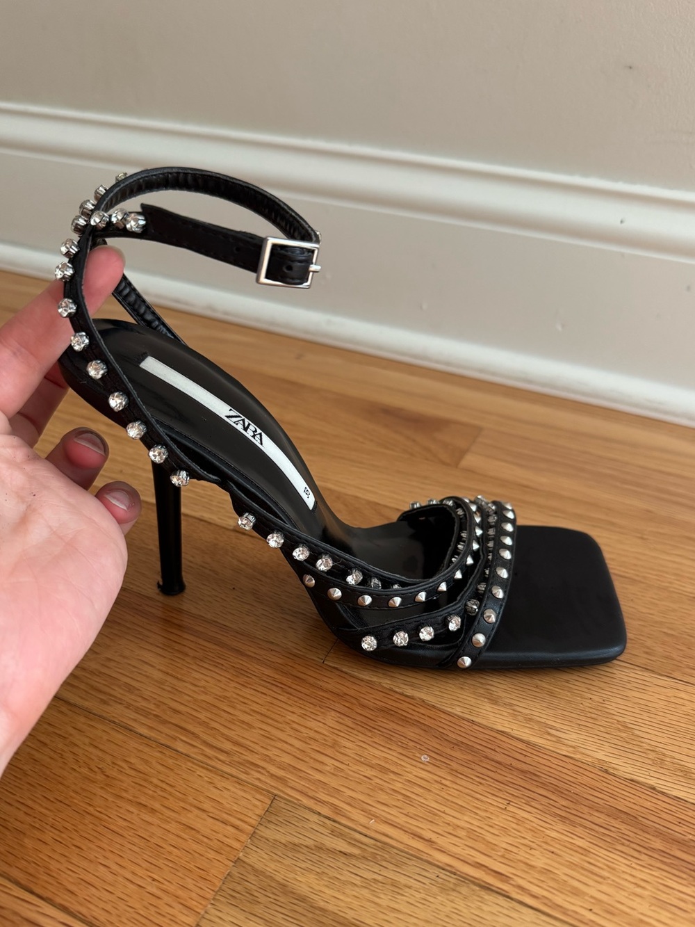 Zara Black Studded Square-Toe Stiletto Sandals